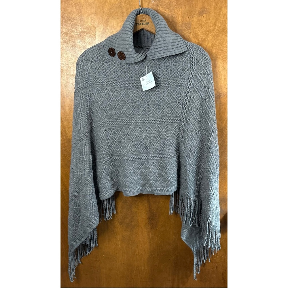 Earthbound Trading Gray Fringe Button Shawl Poncho Cable Knit Sweater NWT Boho